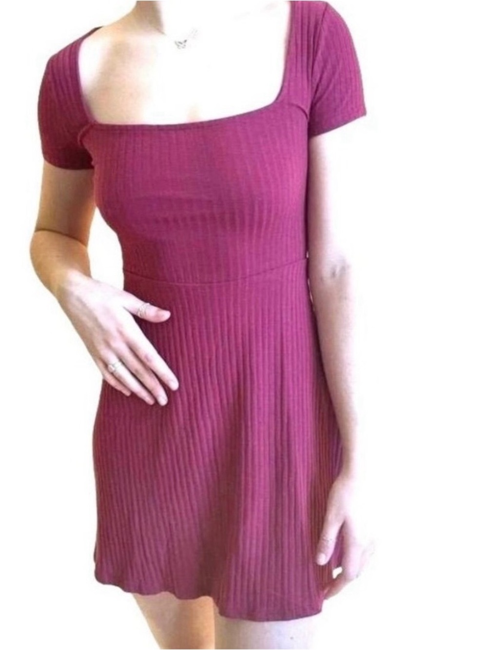 Urban Outfitters Ribbed Square-Neck Mini Dress in Berry Plum